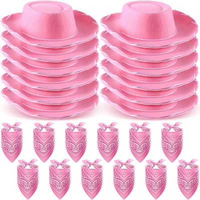 24 Pieces Cowboy Hats and Bandanas for Kids Western Cowboy Costume Hat Accessories for Toddler Child Western Theme Birthday Party Supplies Halloween Costume Dress(Pink)