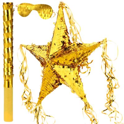 Foil Star Piata with Blindfold and Bat for Birthday Foldable Star Shape Piata with Stick Festive Fiesta Party Supplies Favors for Mexican Party (Gold)