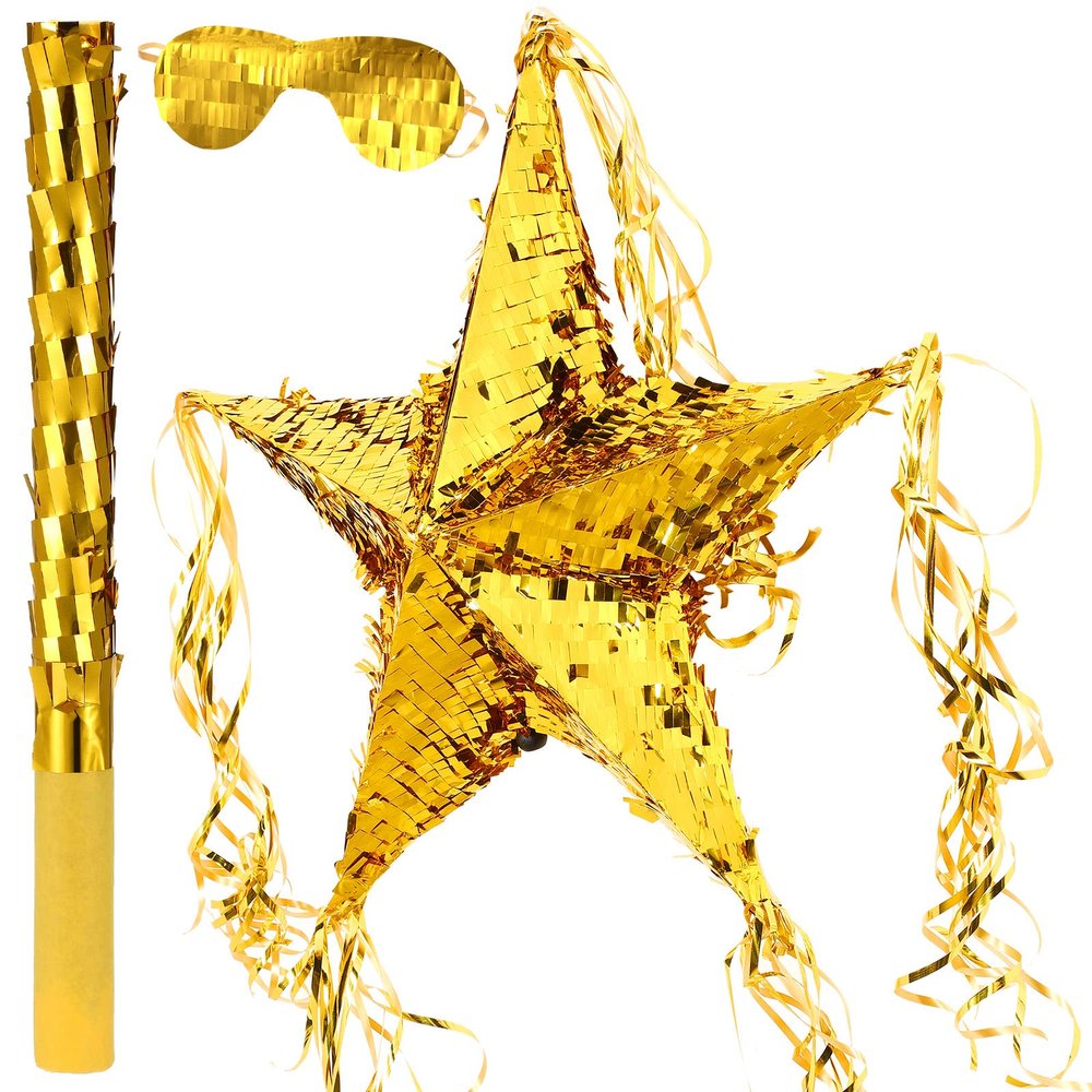 Foil Star Piata with Blindfold and Bat for Birthday Foldable Star Shape Piata with Stick Festive Fiesta Party Supplies Favors for Mexican Party (Gold)