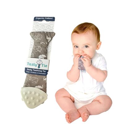 Tasty Tie Teething Tie, 3-in-1 Clip-on Baby Tie Crinkle Toy & Silicone Teether for 3-6-9-12-18 Month Babies | GOTS Certified Organic Cotton | Unique Baby Boy Gift or Stocking Stuffer, Elephant Style