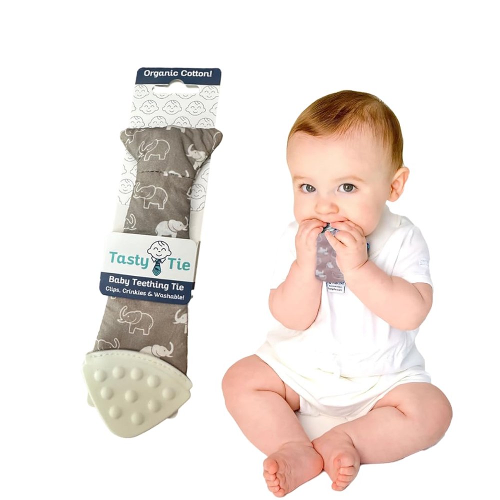 Tasty Tie Teething Tie, 3-in-1 Clip-on Baby Tie Crinkle Toy & Silicone Teether for 3-6-9-12-18 Month Babies | GOTS Certified Organic Cotton | Unique Baby Boy Gift or Stocking Stuffer, Elephant Style