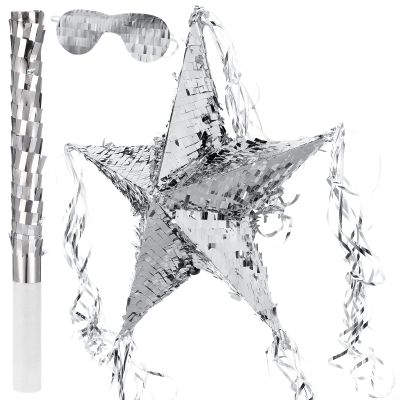 Foil Star Piata with Blindfold and Bat for Birthday Foldable Star Shape Piata with Stick Festive Fiesta Party Supplies Favors for Mexican Party(Silver)