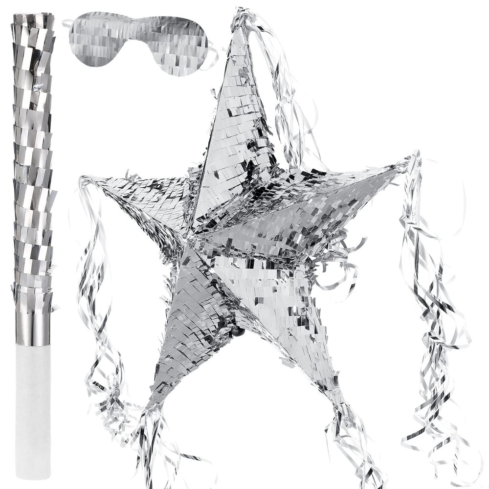 Foil Star Piata with Blindfold and Bat for Birthday Foldable Star Shape Piata with Stick Festive Fiesta Party Supplies Favors for Mexican Party(Silver)