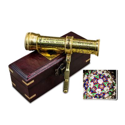 Sailor's Art Polished Brass Kaleidoscope with Handheld Stick & Wooden Box, Educational Vintage Collection, Antique Birthday Gift, Solid Brass 5.5 Inch for Adults & Friends