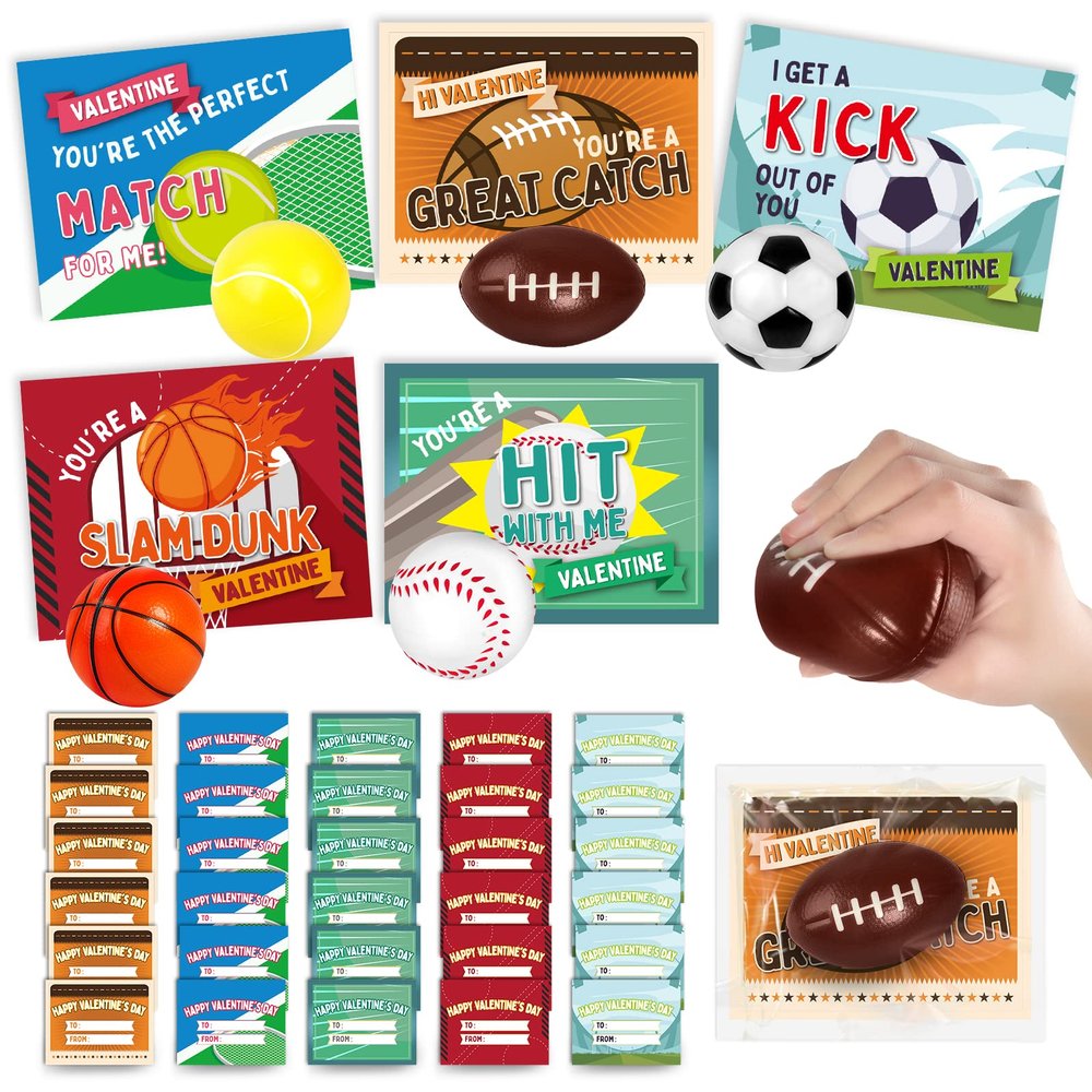 OCHIDO 30Pcs Valentine's Greeting Cards With Sports Squeeze Balls Kits,Kids Valentine Cards Exchange,School Valentines Day Gift,Class Game Prizes,Valentines Party Favor Supplies