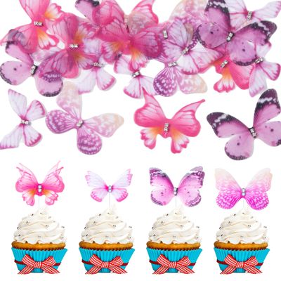 24Pcs Lively 3D Butterfly Cupcake Toppers Double Layer Butterfly Decorations for Girls Women's Happy Birthday Wedding Party Cake Wall Party Food Decorations Pink