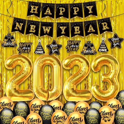 Gold Happy New Year Decorations 2023 Set - Pack of 35, Gold 2023 Balloons | Large 8 Feet Gold Fringe Curtain, Big 10 Feet Happy New Year Banner | New Years Eve Party Supplies 2023 | Nye Decorations