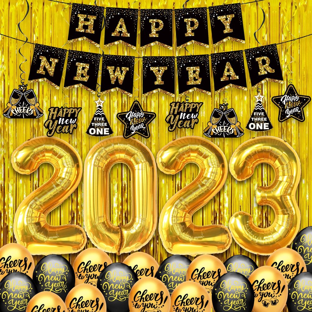 Gold Happy New Year Decorations 2023 Set - Pack of 35, Gold 2023 Balloons | Large 8 Feet Gold Fringe Curtain, Big 10 Feet Happy New Year Banner | New Years Eve Party Supplies 2023 | Nye Decorations