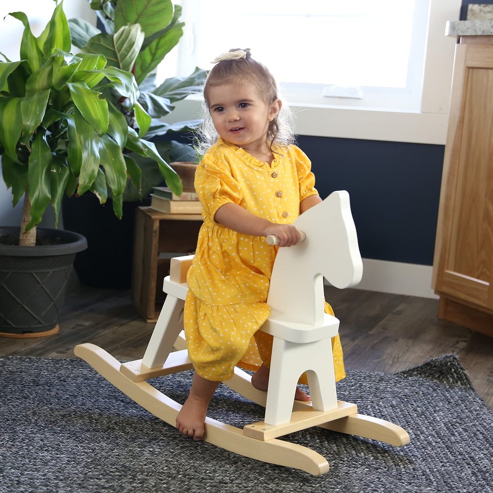 AmishToyBox.com Wooden Rocking Horse Toddler Ride-On Toy (White and Natural)