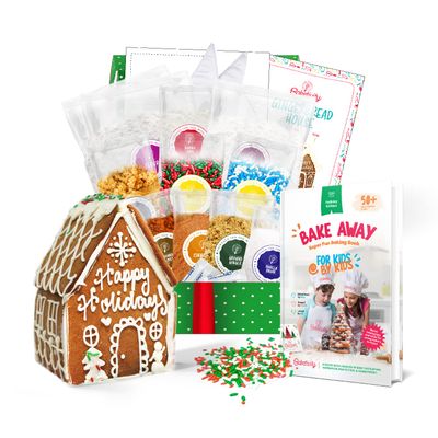 Baketivity Holiday Gingerbread House Kit And Kids Cookbook - Bake And Build Edible Gingerbread House - Kids Baking Set With Materials And Premeasured Ingredients - Kids Holiday Cookbook And Baking Kit