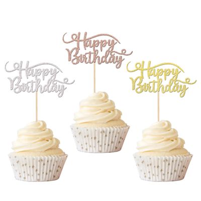 Rsstarxi 24 Pack Happy Birthday Cupcake Toppers Glitter Birthday Cupcake Food Picks for Celebrating Happy Birthday Party Cake Decorations Supplies Gold Rose gold Silver