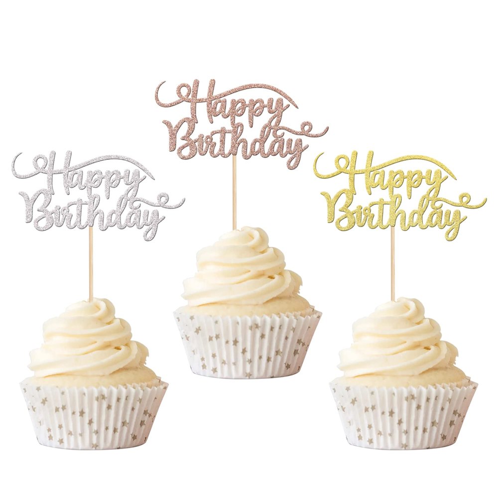 Rsstarxi 24 Pack Happy Birthday Cupcake Toppers Glitter Birthday Cupcake Food Picks for Celebrating Happy Birthday Party Cake Decorations Supplies Gold Rose gold Silver