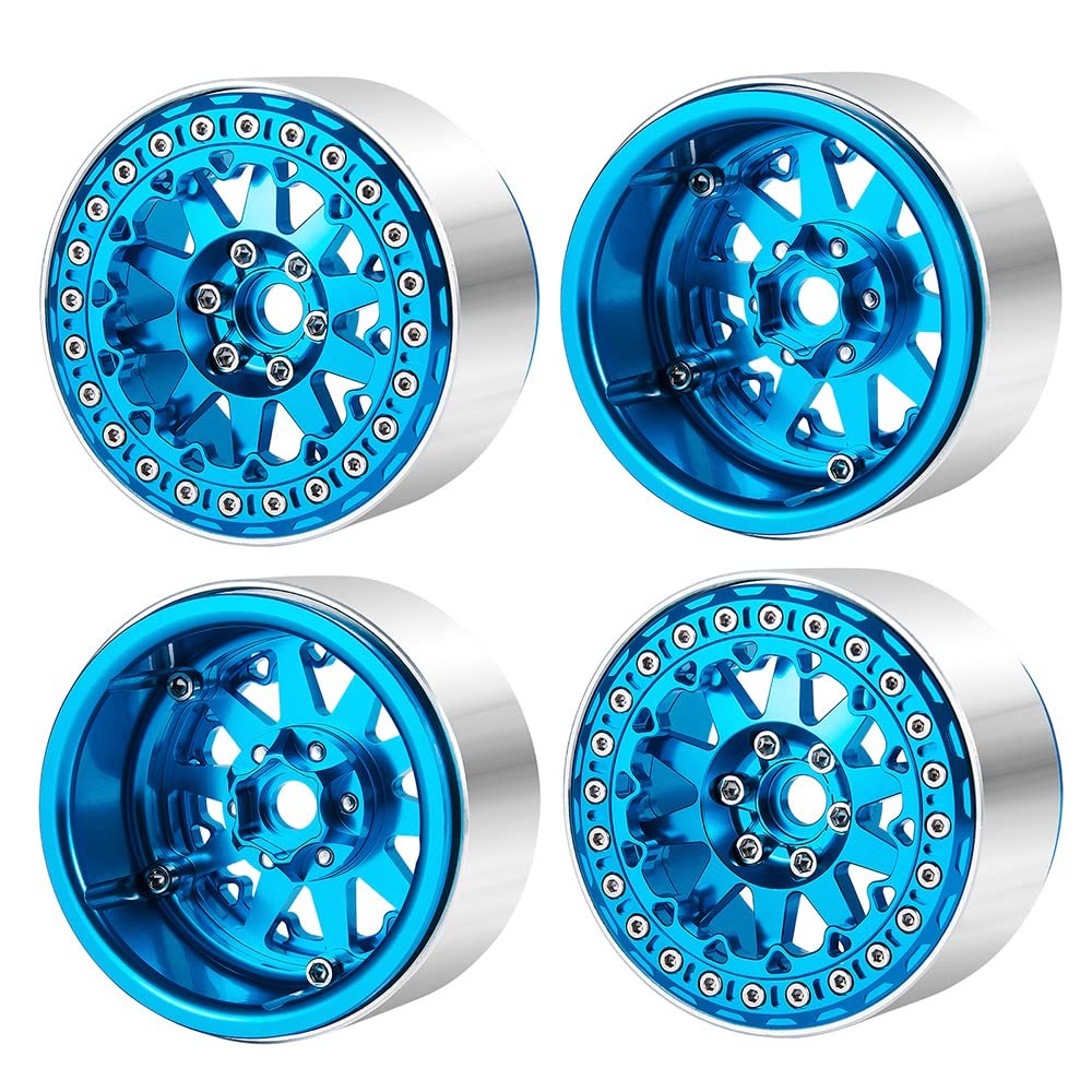 MOHERO 4PCS Metal RC Rim 2.2 Inch Beadlock Wheel Rim & Wheel Outer Ring for 1:10 RC Rock Crawler Axial SCX10 Wraith 90048 90046 TRX4 TRX6 (Blue)
