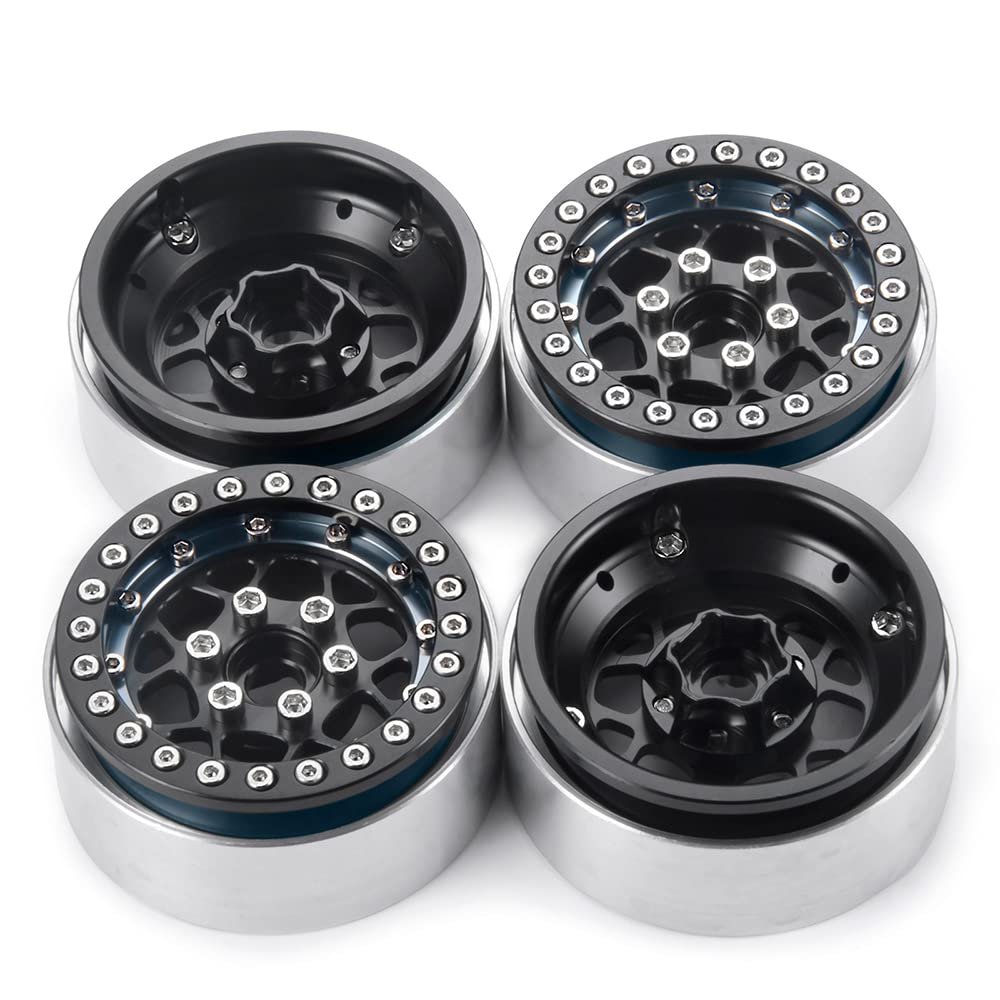 MORLORDY 4PCS RC 1.9 Beadlock Wheels Aluminum Alloy 1.9 inch Wheel Hubs Rims for 1/10 Scale RC Crawler Car SCX10 SCX10 II 90046 SCX10 III AXI03007 D90 TRX4 CC01 Upgrades - Black and Titanium
