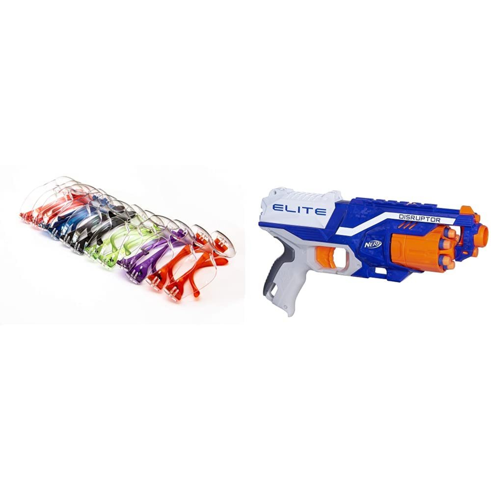 G & F Products - 13016-NEW 13016NEW Safety Goggles (12 Pack), unisex & NERF Disruptor Elite Blaster - 6-Dart Rotating Drum, Slam Fire, Includes 6 Official Nerf Elite Darts