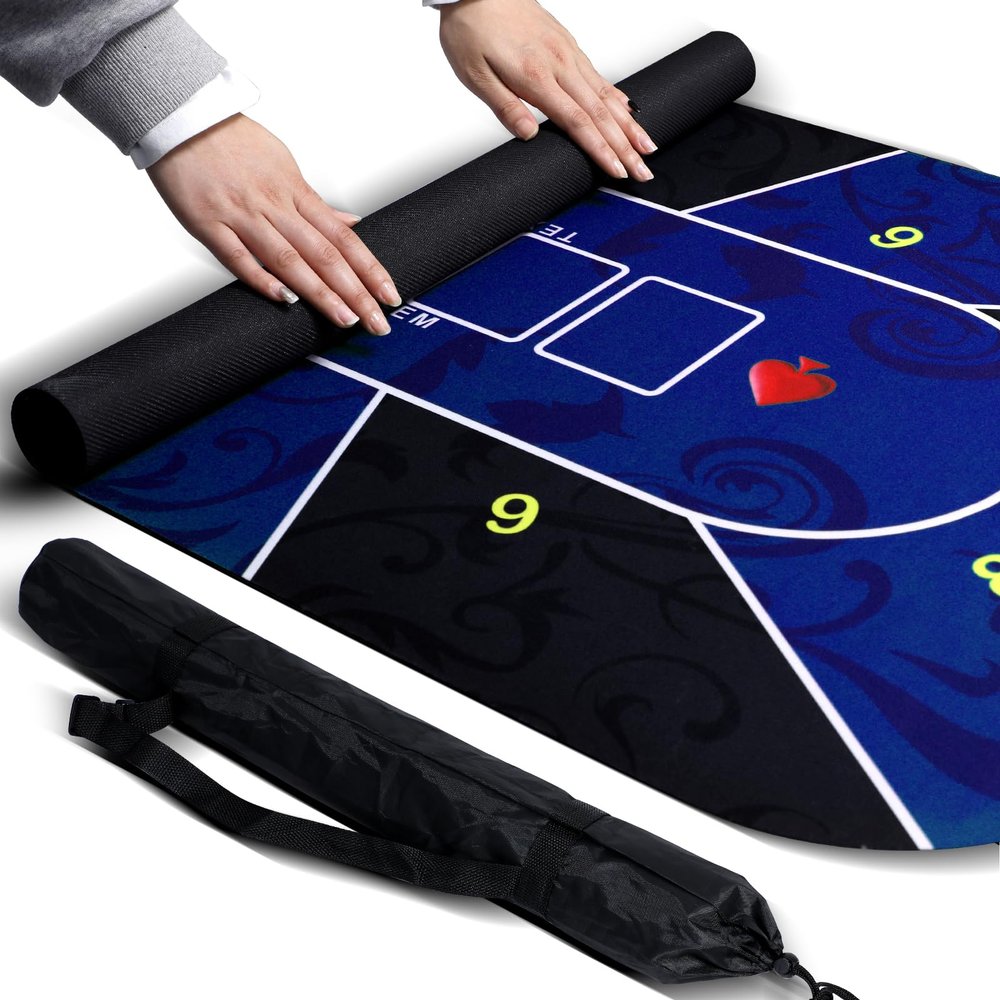 JIESITE 47 x 24Inch Texas Hold'em Poker Mat Portable Rubber Poker Table Top Water Waterproof, Noise Reduction Suitable for Any Tabletop Game Premium Carry Bag is Provided for Playing Everywhere(Blue)