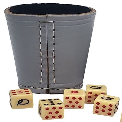 Cyber-Deals Genuine Leather Compact Dice Cup + Spanish Poker Dice with Black Velvet Storage Pouch (Grey w/Black Lining Cup, Bone Tone Dice)