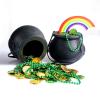 112 Pcs St. Patrick's Day Decorations Set, Black Mini Candy Cauldron Kettle Pot of Gold Buckets, Green and Gold Lucky Shamrock Plastic Coins Bead Necklace Rainbow for Irish St Patrick Day Party Favor view 1