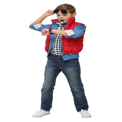 Kids Back to the Future Marty McFly Halloween Costume | Red Puffer Vest, Shirt, and Denim Jacket Set | Officially Licensed X-Small