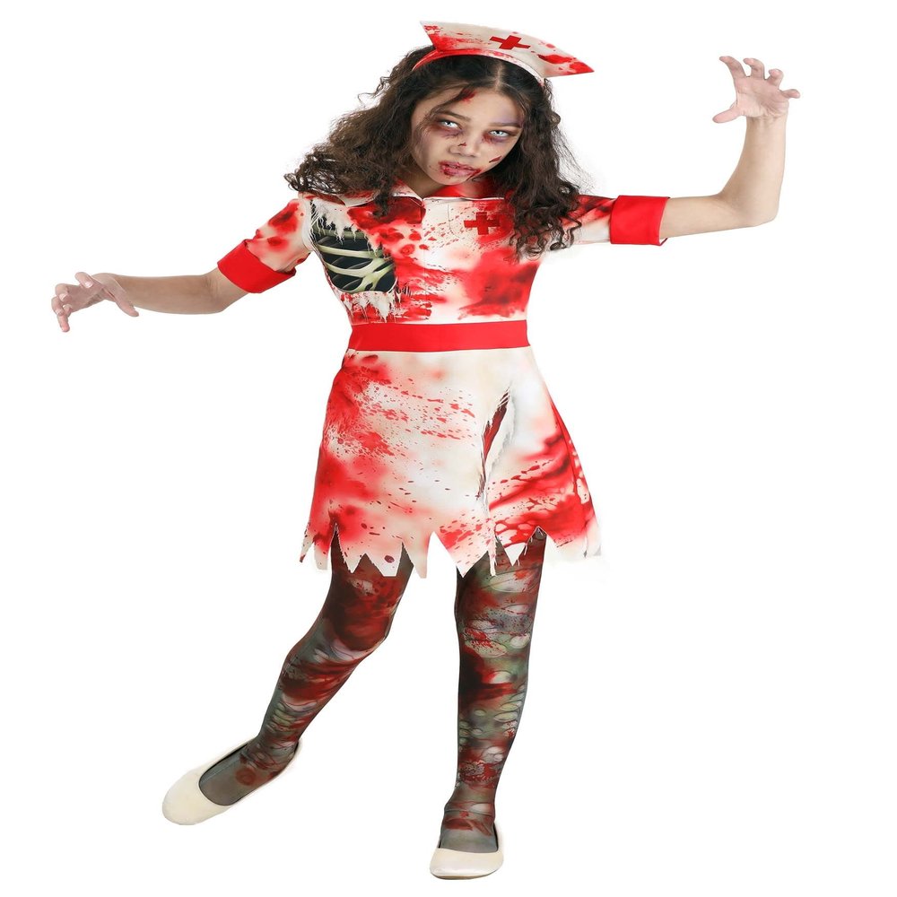 Fun Costumes Girl's Scary Zombie Nurse Costume Dress, Collar, Cuffs, Mesh Tights, Red (Large)