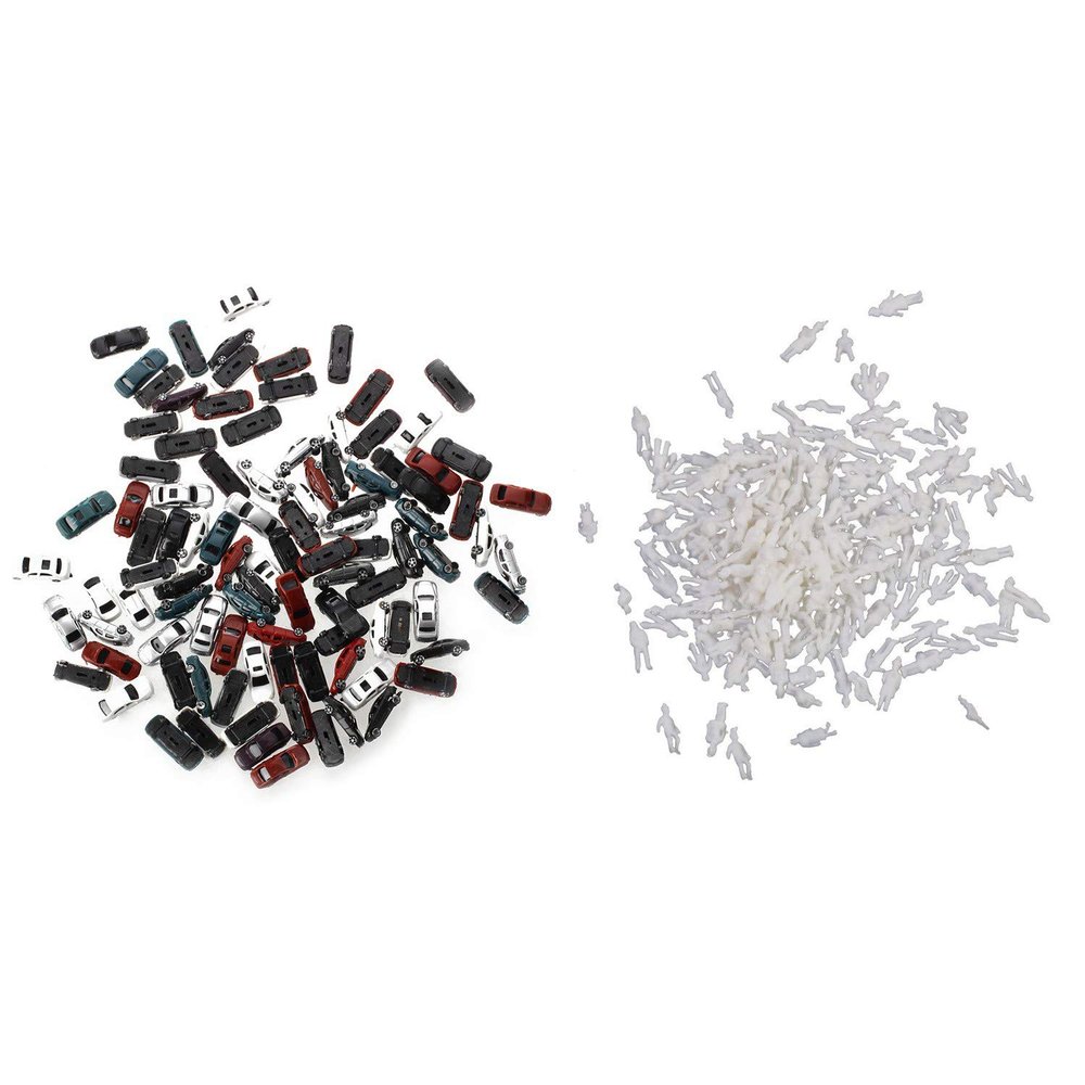 100Pcs Painted Car Layout Scale N Z (1 to 200) C200-4 & 100x People Figures Scale 1:200 White Style