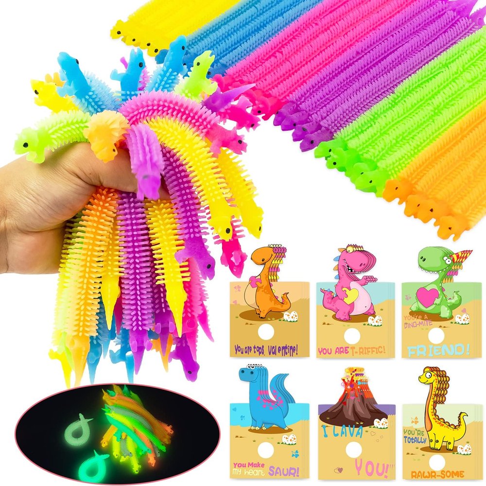 Valentines Day Cards for Kids - 24Pcs Dinosaur Cards With Glow in Dark Stretchy String Sensory Fidget Toys for Party Favors, Classroom Exchange Gifts, School Supplies