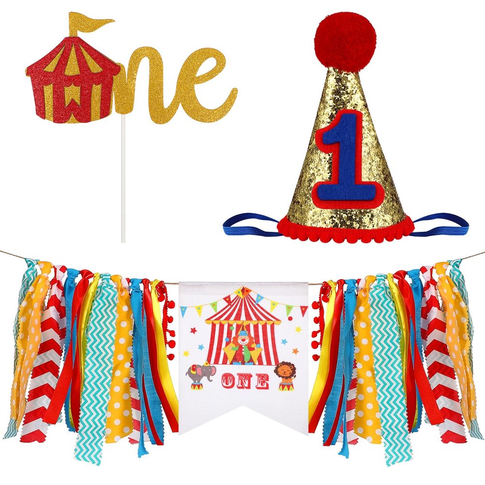 Amosfun Circus Carnival 1st Birthday Party Decorations Party Supplies Highchair Banner Reusable Satin Garland Cone Paper Hat and Photo Booth Props