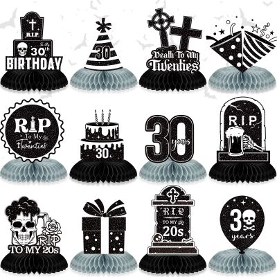 12 Pack RIP to My 20s Birthday Decorations, Death to My 20s Decorations, RIP 20s Birthday Black and White Honeycomb Centerpieces Decorations, Funeral for My Youth 30th Birthday Table Decorations Decor