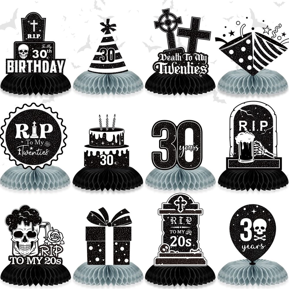 12 Pack RIP to My 20s Birthday Decorations, Death to My 20s Decorations, RIP 20s Birthday Black and White Honeycomb Centerpieces Decorations, Funeral for My Youth 30th Birthday Table Decorations Decor