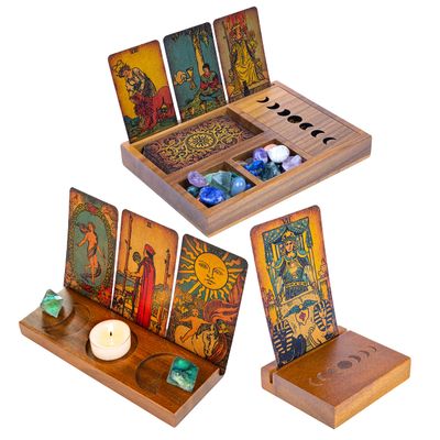Curawood 3 Tarot Card Holder Stand, Etched & Engraved Moon, Crystal Tray with Moon Phase Cover Bundle