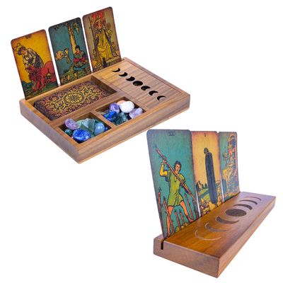 Curawood 2 Tarot Card Holder Stand, Engraved Moon, Crystal Tray with Moon Phase Cover Bundle