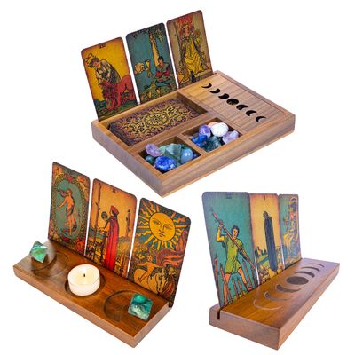 Curawood 3 Tarot Card Holder Stand, Etched & Engraved Moon, Crystal Tray with Moon Phase Cover Bundle