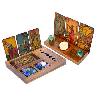 Curawood 2 Tarot Card Holder Stand, Etched Triple Moon, Crystal Tray with Moon Phase Cover Bundle
