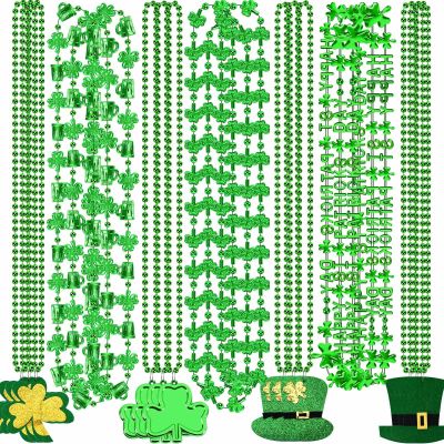 NOVWANG 21Pcs St. Patrick's Day Necklaces Metallic Bead Green Necklace for St. Patrick's Day Mardi Gras Party Favors Supplies Decorations7 Style