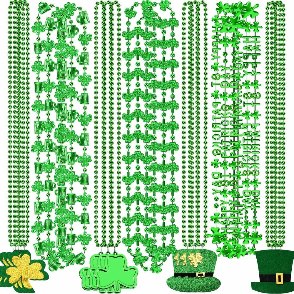 NOVWANG 21Pcs St. Patrick's Day Necklaces Metallic Bead Green Necklace for St. Patrick's Day Mardi Gras Party Favors Supplies Decorations7 Style