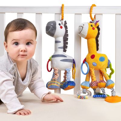 TUMAMA Hanging Toys, 16 inch Plush Animals Baby Rattle, Car Seat Stroller Toys, 2 Pack, Newborn - 12 Months, 2 x Plush Animal Hanging Toys (Giraffe, Zebra), Rings, Built-in Rattles and Crinkles