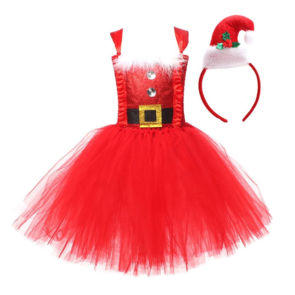 Agoky Kids Girls Christmas Mrs Claus Mesh Tutu Dress with Headband Xmas Fancy Party Performance Dress Up Type C Red 10-12 Years