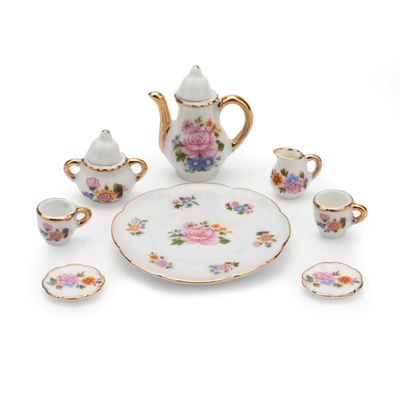 Cutemini 1:6 Scale Miniature Porcelain Dollhouse Tea Cup Sets 8PCS Flower Pattern Teapot Platter Dish Sets Dollhouse Kitchen Supplies Decoration (Light Pink)