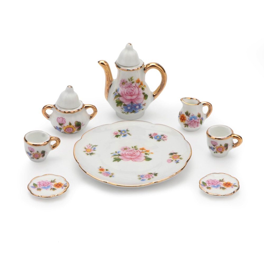 Cutemini 1:6 Scale Miniature Porcelain Dollhouse Tea Cup Sets 8PCS Flower Pattern Teapot Platter Dish Sets Dollhouse Kitchen Supplies Decoration (Light Pink)