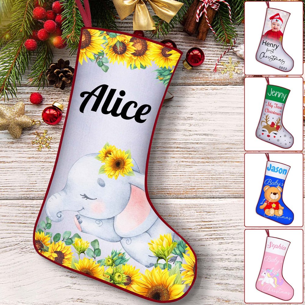 Xsersao Personalized Babys First Christmas Stocking Custom Name Stockings for Baby 1st Christmas Girl Boy Toddler Infant Custmoized Xmas Stocking Gift Decoration, Sunflower Elephant