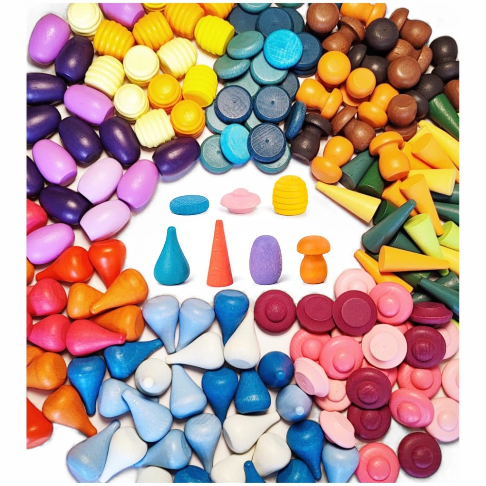 MIKNEKE 162 Wooden Loose Parts Sensory Bin Filler, Mandala Rainbow Stacker Open Ended Toy, 27 Colors Sensory Training Educational Set