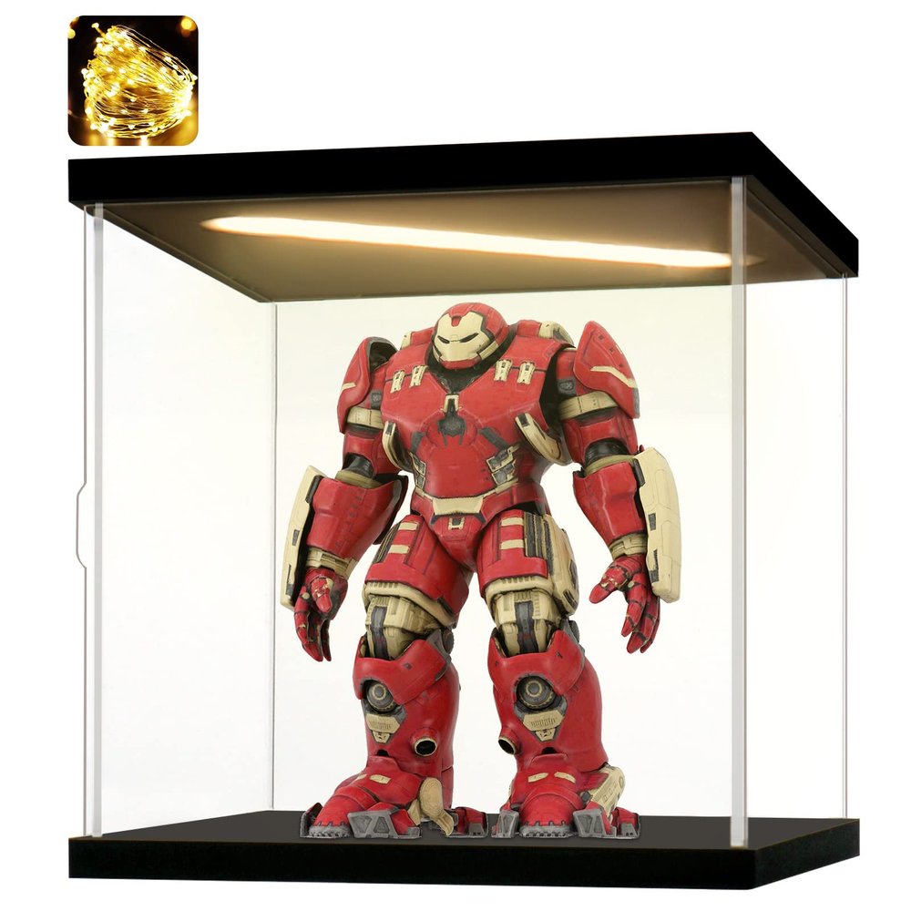 Instnovny Acrylic Display Case for Collectibles Clear Acrylic Boxes for Display Action Figures Dolls Lighted Baseball Trophy Display Case Home Storage Box(Black-Solid Yellow; 7.9*7.9*7.9 inch)