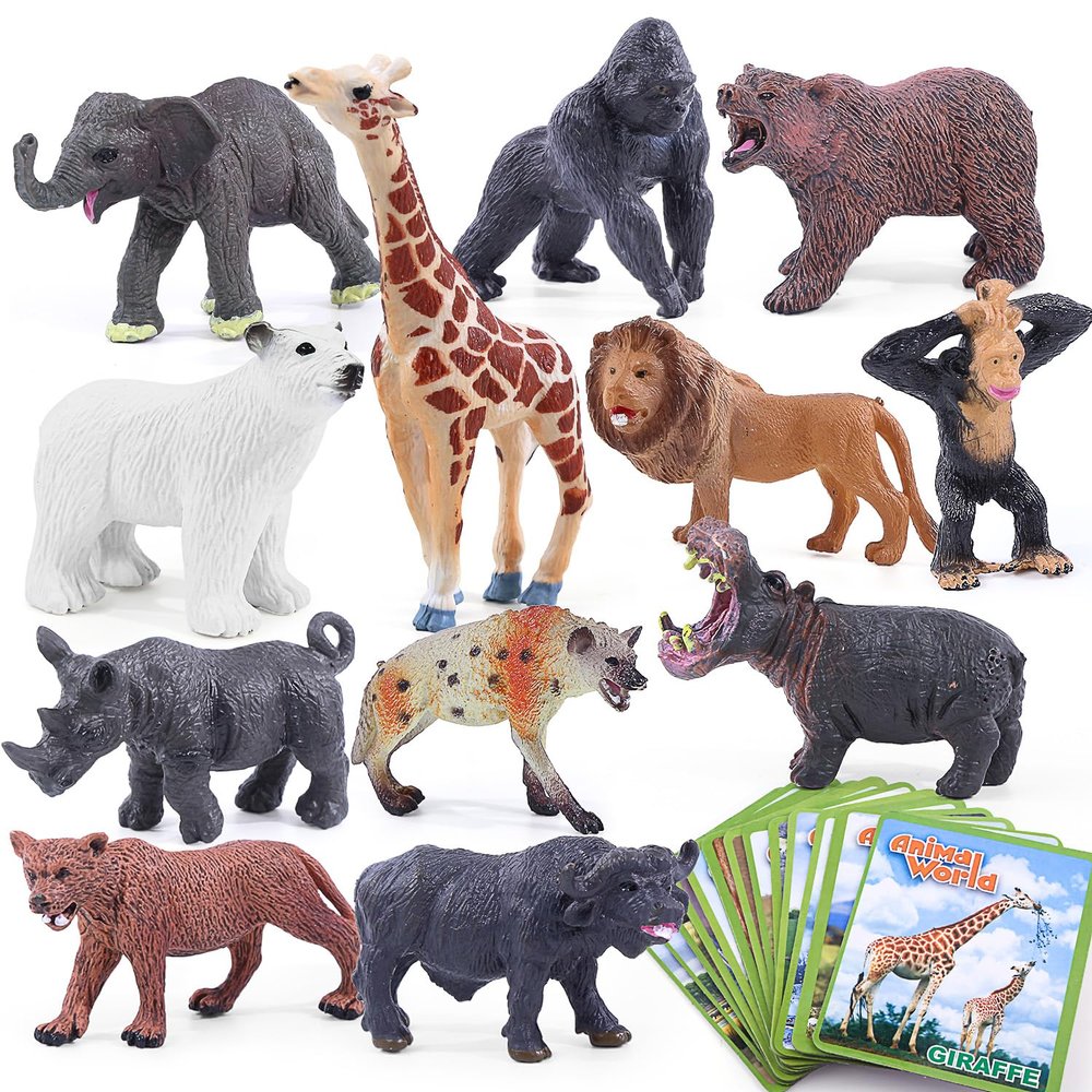 SIENON 12pcs Wild Animals Figure Toys with Cards, Plastic Realistic Zoo Jungle Safari Figurines with Elephant Lion Giraffe Bear Gorilla Hippo for Kids Educational Learning Party Favors Cake Decoration