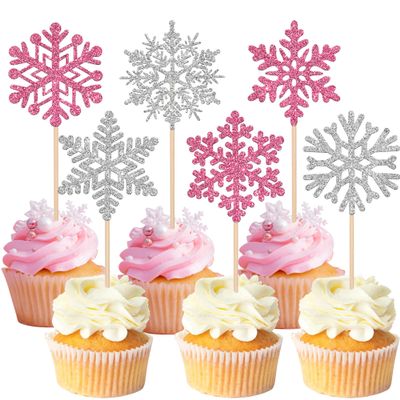 24 Pack Glitter Snowflake Cupcake Toppers and Picks - Winter Frozen Cake Decorations for Christmas, Baby Shower, Kids Birthday Party Supplies - Pink/Silver