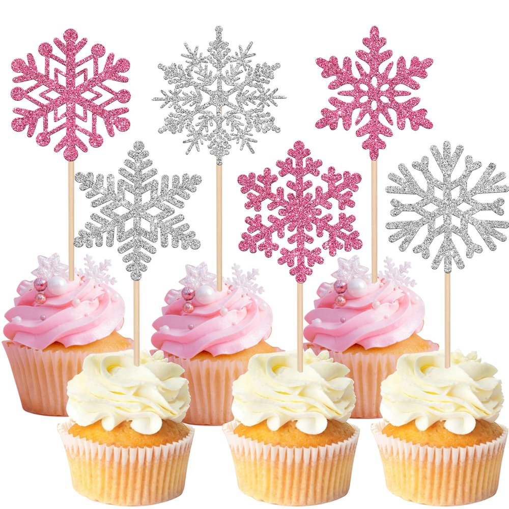 24 Pack Glitter Snowflake Cupcake Toppers and Picks - Winter Frozen Cake Decorations for Christmas, Baby Shower, Kids Birthday Party Supplies - Pink/Silver