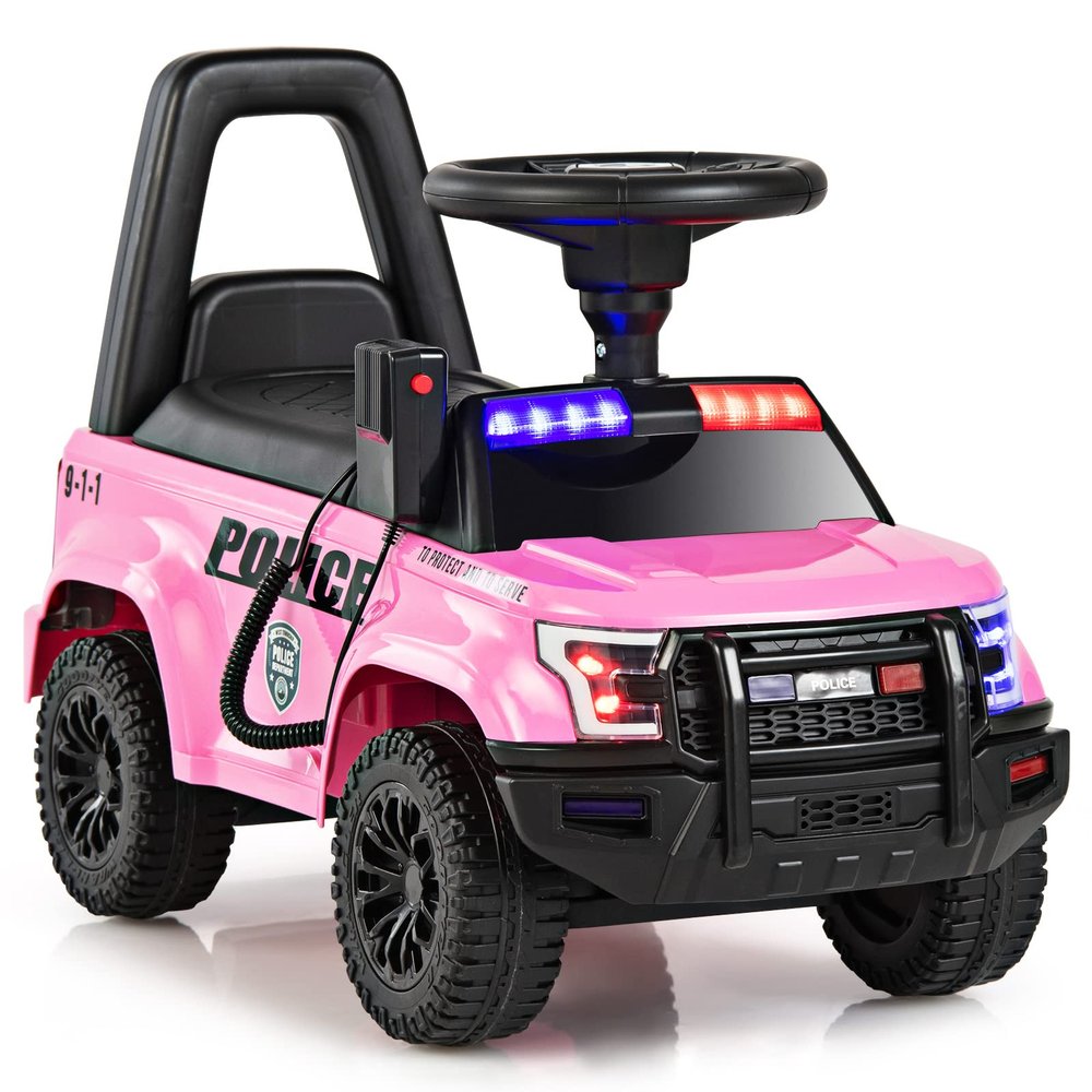 OLAKIDS Ride On Push Police Car, Toddler Foot-to-Floor Sliding Toy with Siren, Steering Wheel, Megaphone, Horn, Headlights, Under Seat Storage, Kids Racer Walking Gift for Boys Girls 1-3 (Pink)