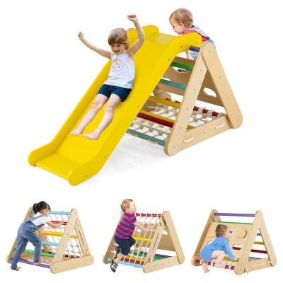 HONEY JOY 4-in-1 Triangle Climber with Ramp, 3-Side Kids Climbing Triangle Ladder with Net Rope & Bars, Wooden Montessori Climbing Toys for Toddlers Daycare, Gym & Playground, Gift for Boys Girls