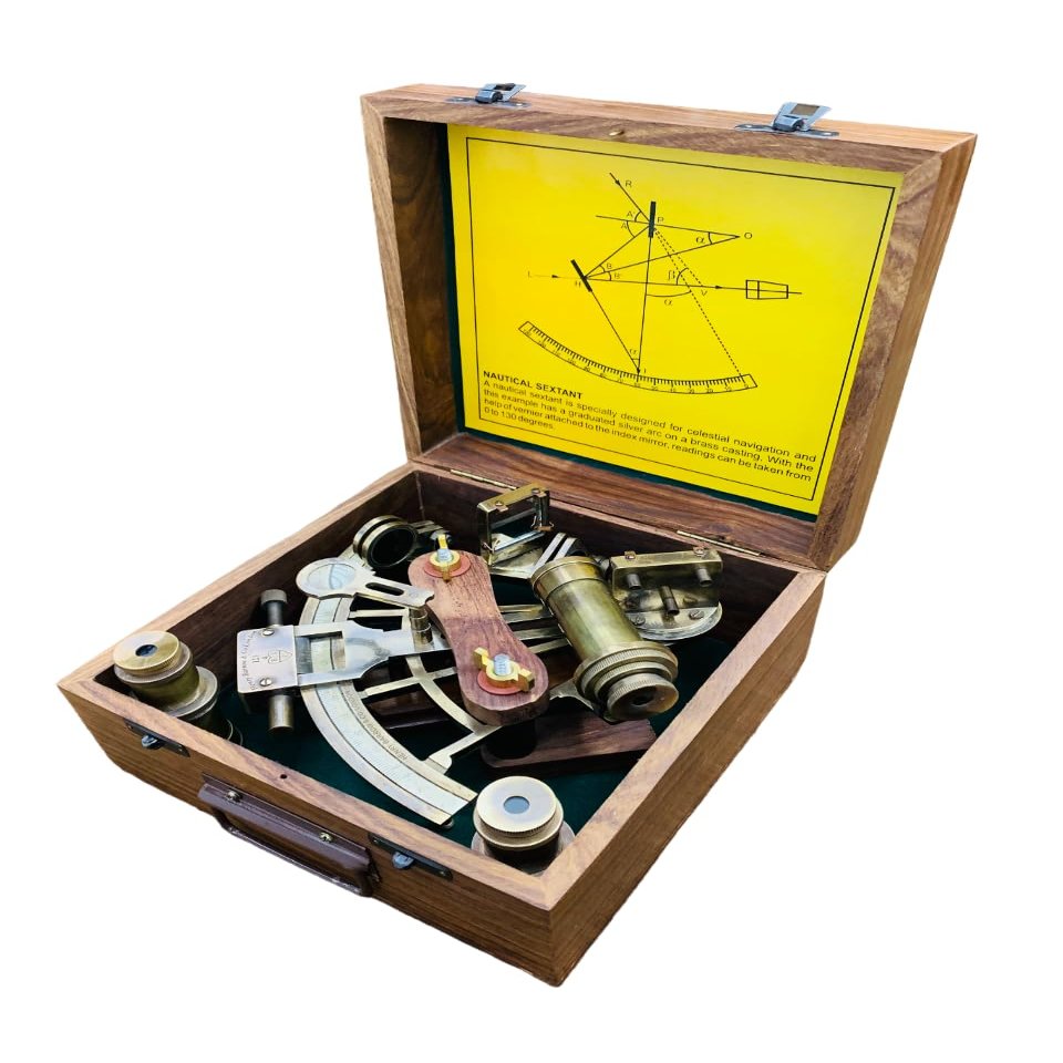 Antique Sextant with Wooden Box Nautical Brass Marine Captain Sextant - Astrolabe Nautical Sextant Maritime Ship Instrument Gift