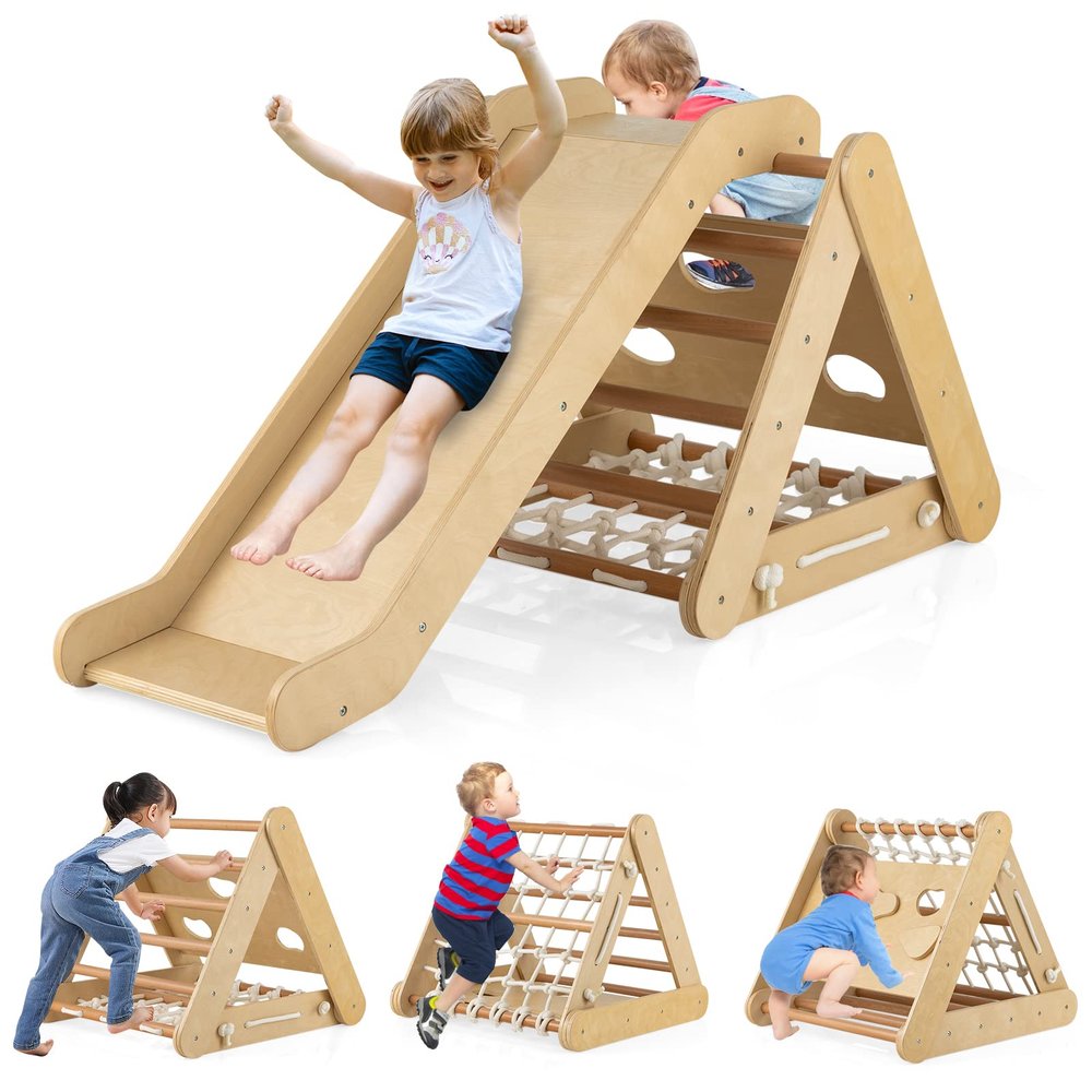 HONEY JOY 4-in-1 Triangle Climber with Ramp, 3-Side Kids Climbing Triangle Ladder with Net Rope & Bars, Wooden Montessori Climbing Toys for Toddlers Daycare, Gym & Playground, Gift for Boys Girls
