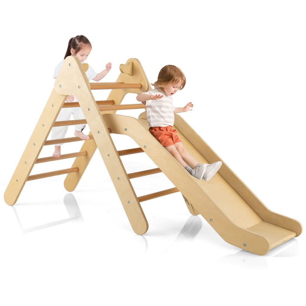 HONEY JOY Triangle Climber with Ramp, Kids Climbing Triangle Ladder for Daycare, Gym & Playground, Wooden Montessori Climbing Toys for Toddlers, Gift for Boys Girls